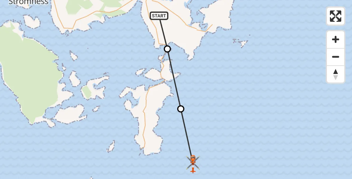 Flight path map showing Coastguard Helicopter route from Kirkwall to North Sea