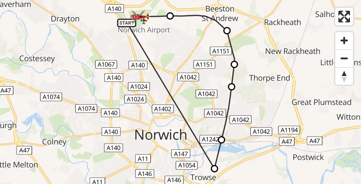 Flight path map showing Air Ambulance Helicopter route from Norwich Airport to Norwich Airport