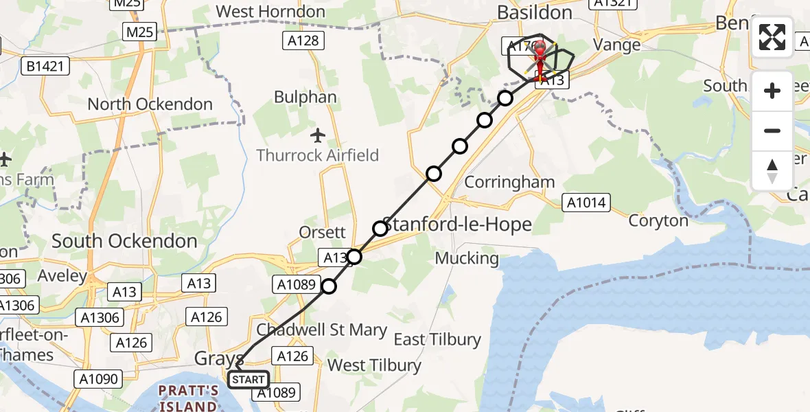 Flight path map showing Air Ambulance Helicopter route from Grays to Basildon