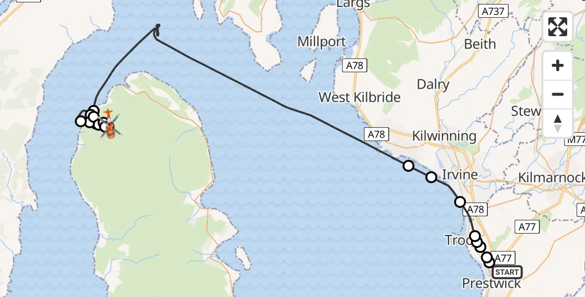 Flight path map showing Coastguard Helicopter route from Glasgow Prestwick Airport to Catacol