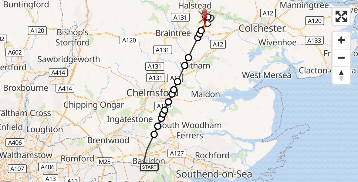Flight path map showing Air Ambulance Helicopter route from Basildon to Earls Colne Airfield