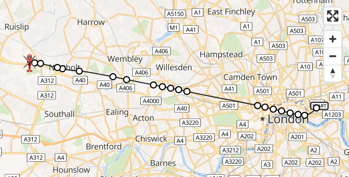 Flight path map showing Air Ambulance Helicopter route from Royal London Hospital to RAF Northolt
