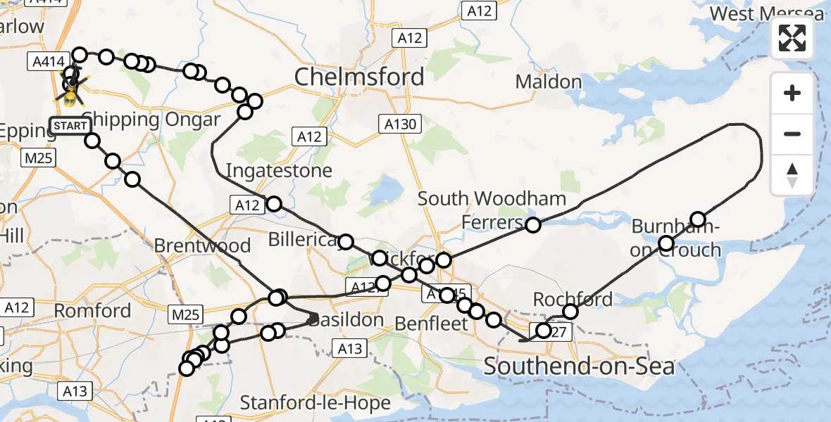 Flight path map showing Police Helicopter route from Woodhatch to North Weald Bassett