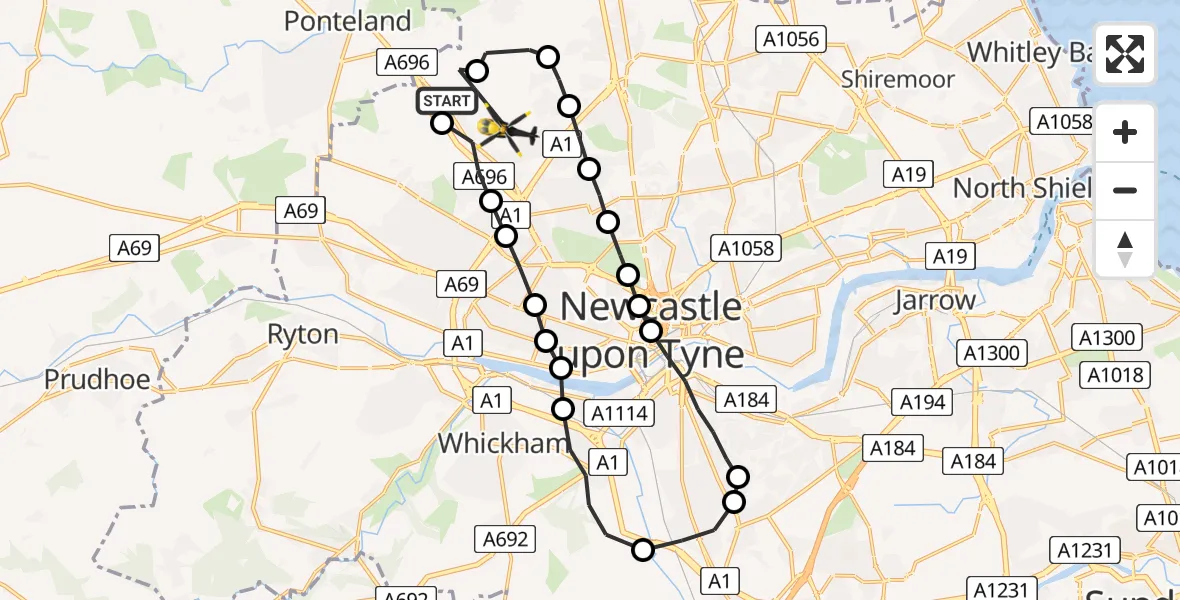Flight path map showing Police Helicopter route from Newcastle International Airport to Woolsington