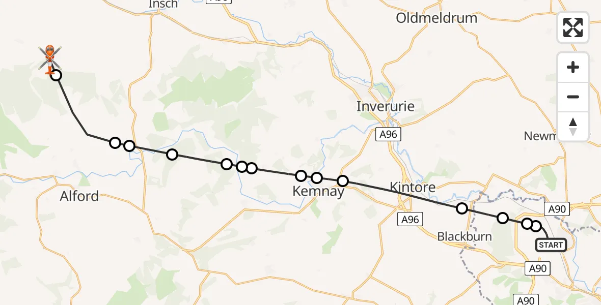 Flight path map showing Coastguard Helicopter route from Aberdeen International Airport to Leslie