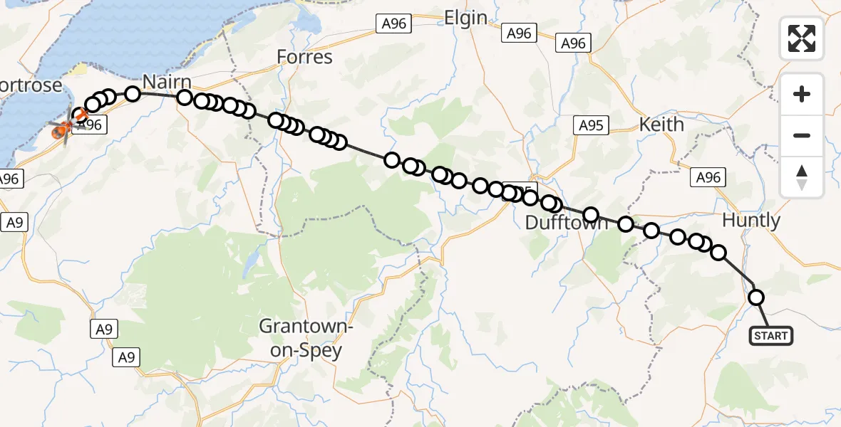 Flight path map showing Coastguard Helicopter route from Clatt to Inverness Airport