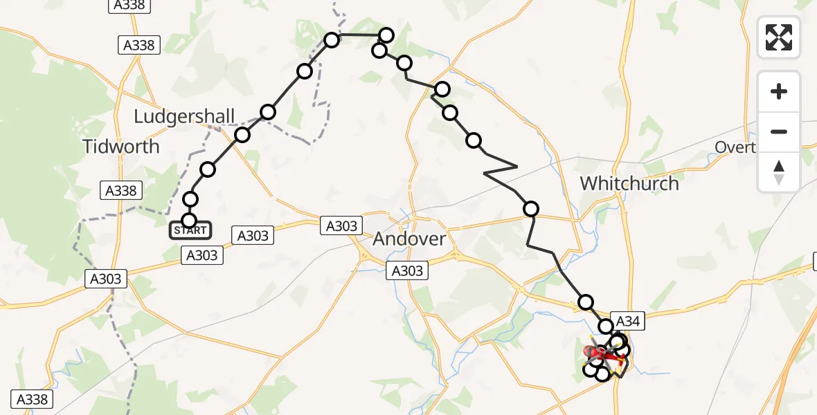 Flight path map showing Air Ambulance Helicopter route from Kimpton to Test Valley