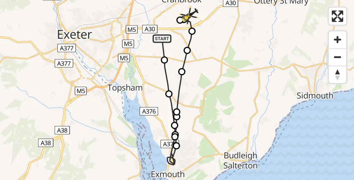 Flight path map showing Police Helicopter route from Clyst Honiton to Rockbeare