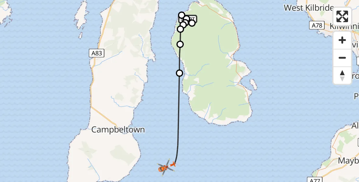 Flight path map showing Coastguard Helicopter route from Craw to Inner Seas