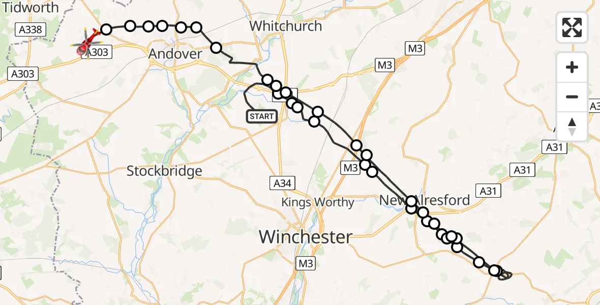 Flight path map showing Air Ambulance Helicopter route from Barton Stacey to Fyfield
