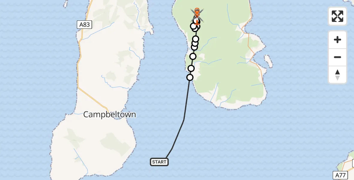 Flight path map showing Coastguard Helicopter route from Inner Seas to North Ayrshire