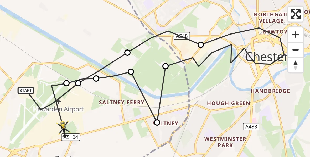 Flight path map showing Police Helicopter route from Hawarden Airport to Broughton