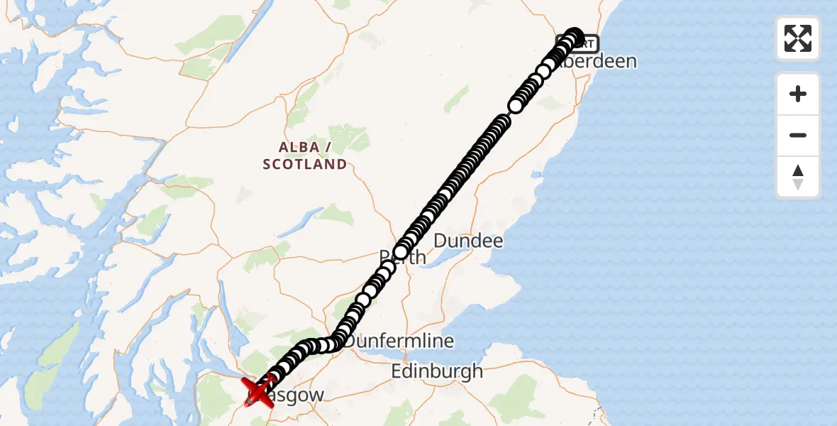 Flight path map showing Air Ambulance Aircraft route from Aberdeen International Airport to Glasgow Airport