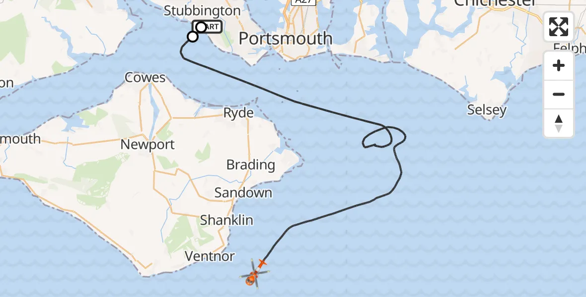 Flight path map showing Coastguard Helicopter route from Solent Airport to English Channel