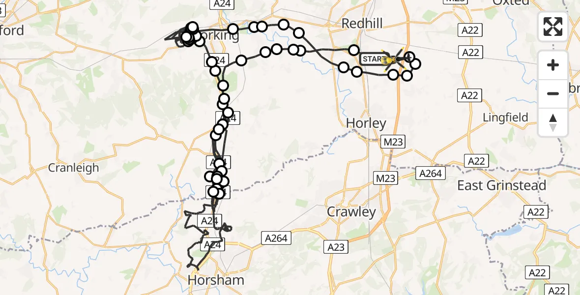 Flight path map showing Police Helicopter route from Salfords to Tandridge
