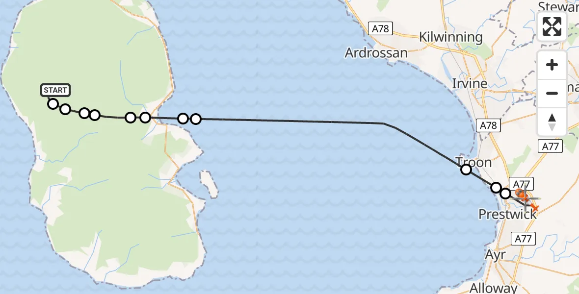 Flight path map showing Coastguard Helicopter route from North Ayrshire to Glasgow Prestwick Airport