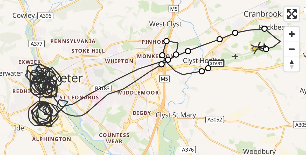 Flight path map showing Police Helicopter route from Exeter International Airport to Clyst Honiton