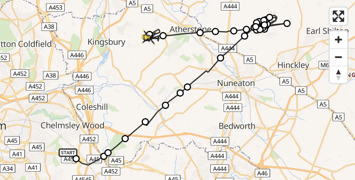 Flight path map showing Police Helicopter route from Birmingham Airport to Baxterley CP