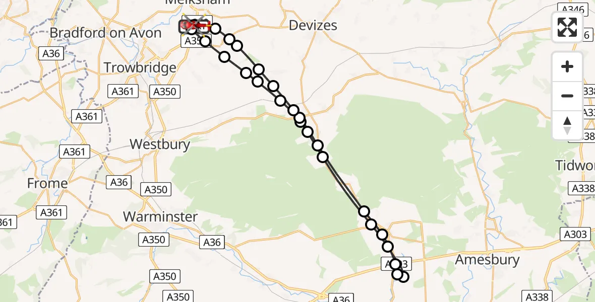 Flight path map showing Air Ambulance Helicopter route from Wiltshire Air Ambulance to Melksham