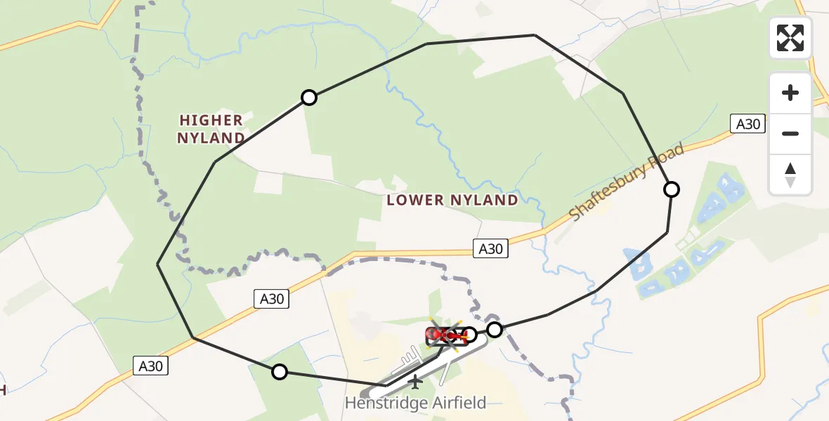 Flight path map showing Air Ambulance Helicopter route from Henstridge Airfield to Henstridge Airfield