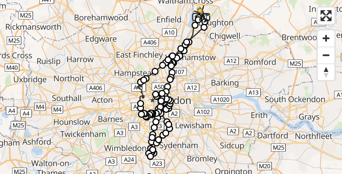 Flight path map showing Police Helicopter route from Metropolitan Police Air Support Unit Lippitts Hill to Sewardstonebury