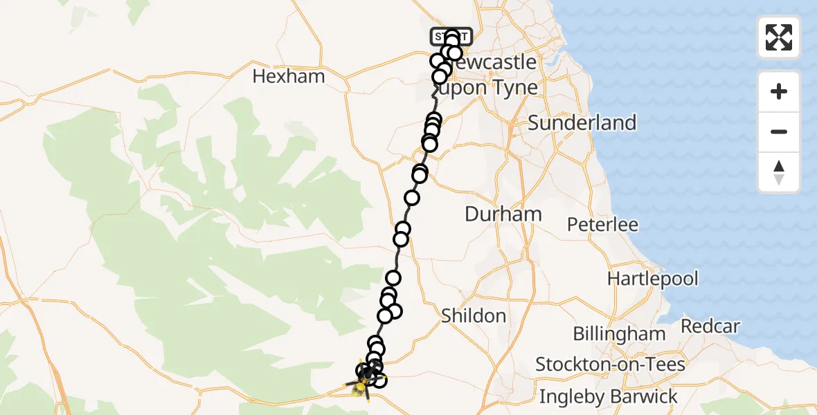 Flight path map showing Police Helicopter route from Newcastle International Airport to Barnard Castle