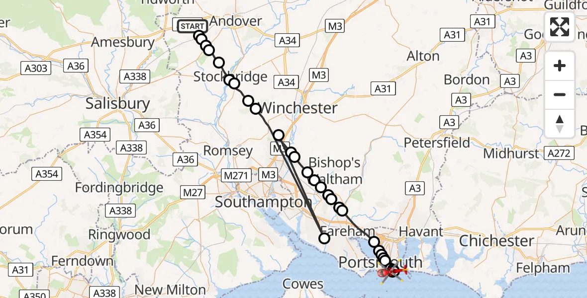 Flight path map showing Air Ambulance Helicopter route from Thruxton to Portsmouth