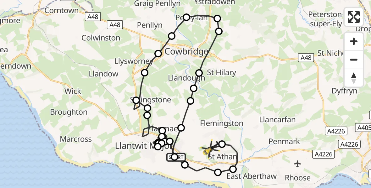 Flight path map showing Police Helicopter route from Boverton to MOD St Athan