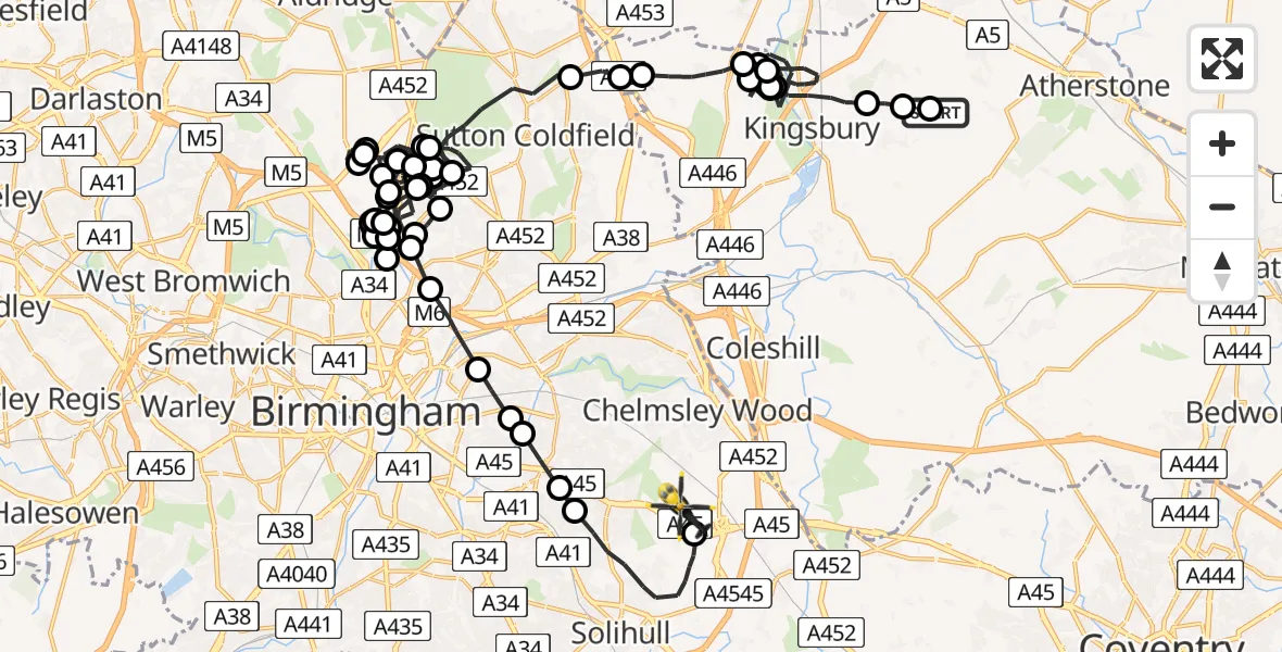 Flight path map showing Police Helicopter route from Baxterley CP to Birmingham Airport