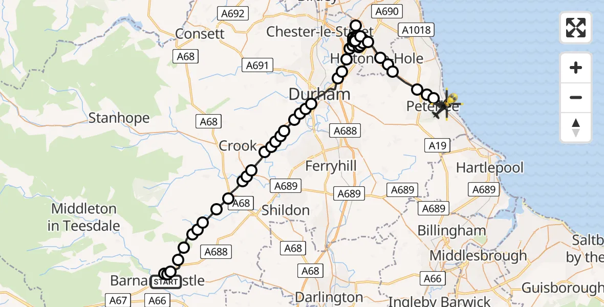 Flight path map showing Police Helicopter route from Barnard Castle to Horden