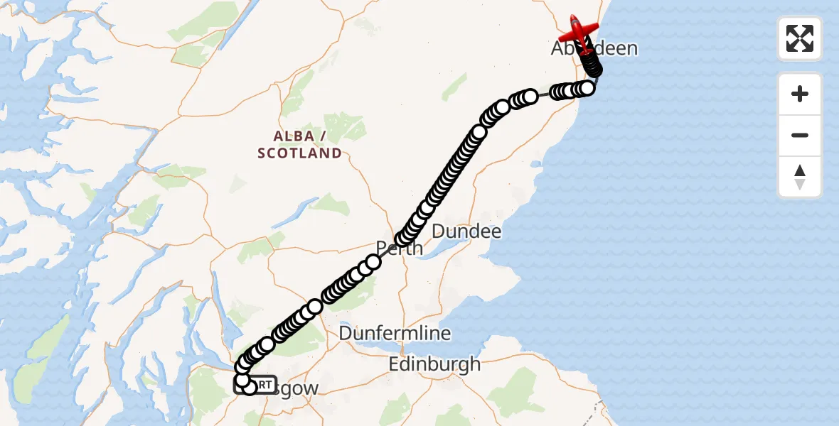 Flight path map showing Air Ambulance Aircraft route from Glasgow Airport to Aberdeen International Airport