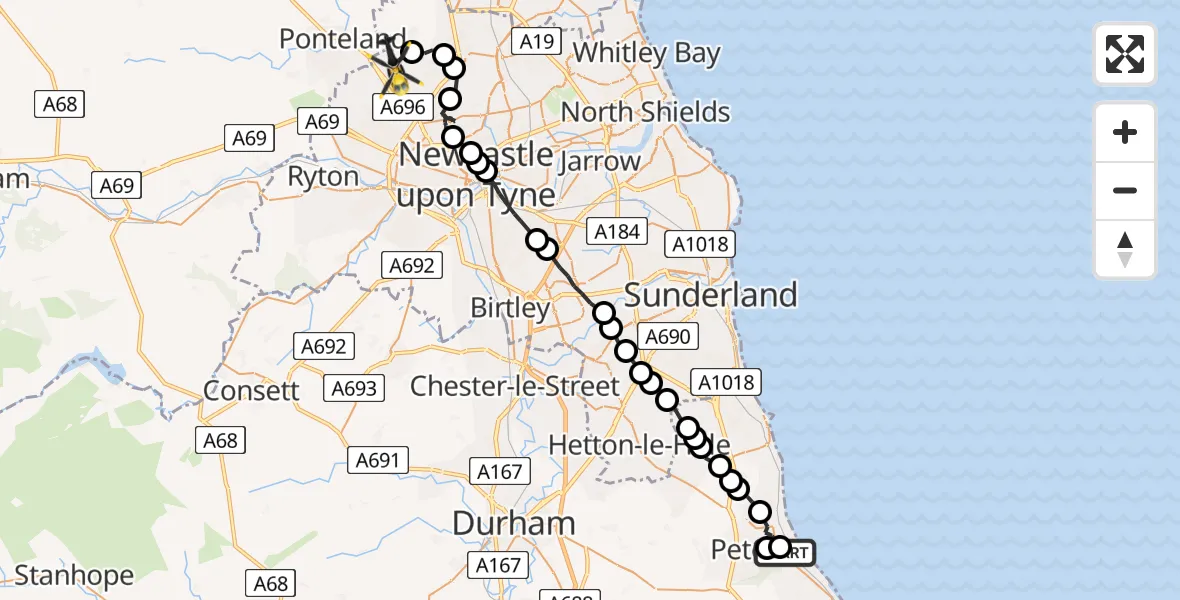 Flight path map showing Police Helicopter route from Horden to Newcastle International Airport