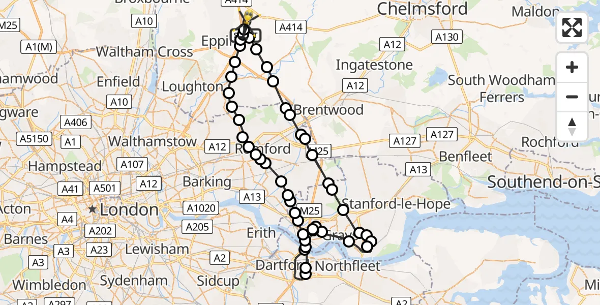 Flight path map showing Police Helicopter route from Coopersale to North Weald Airfield