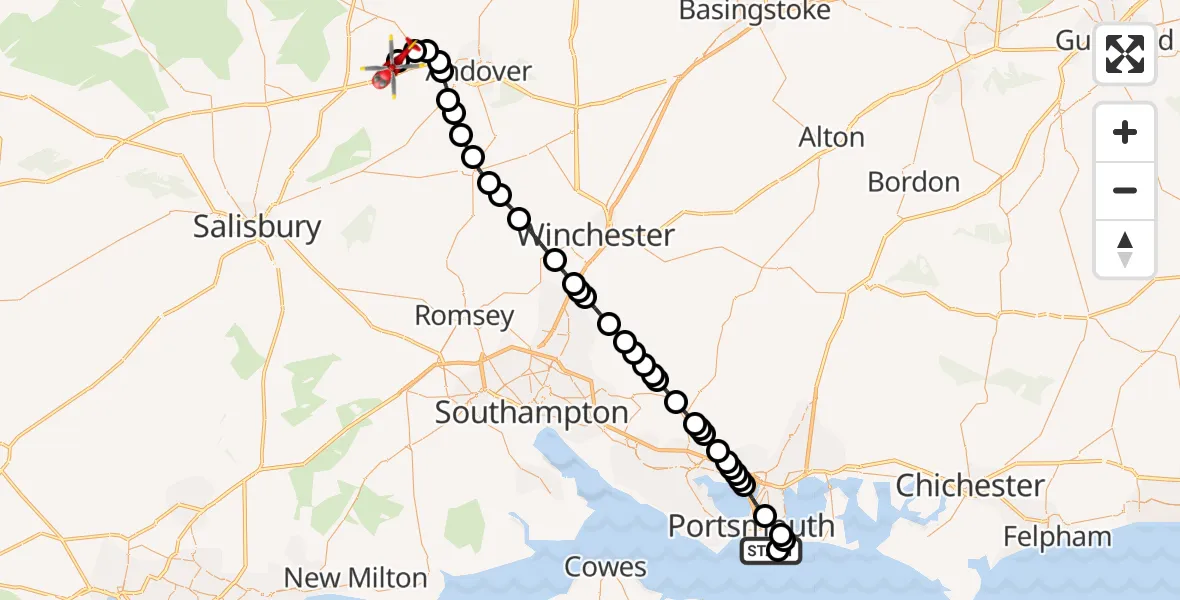 Flight path map showing Air Ambulance Helicopter route from Portsmouth to Kimpton