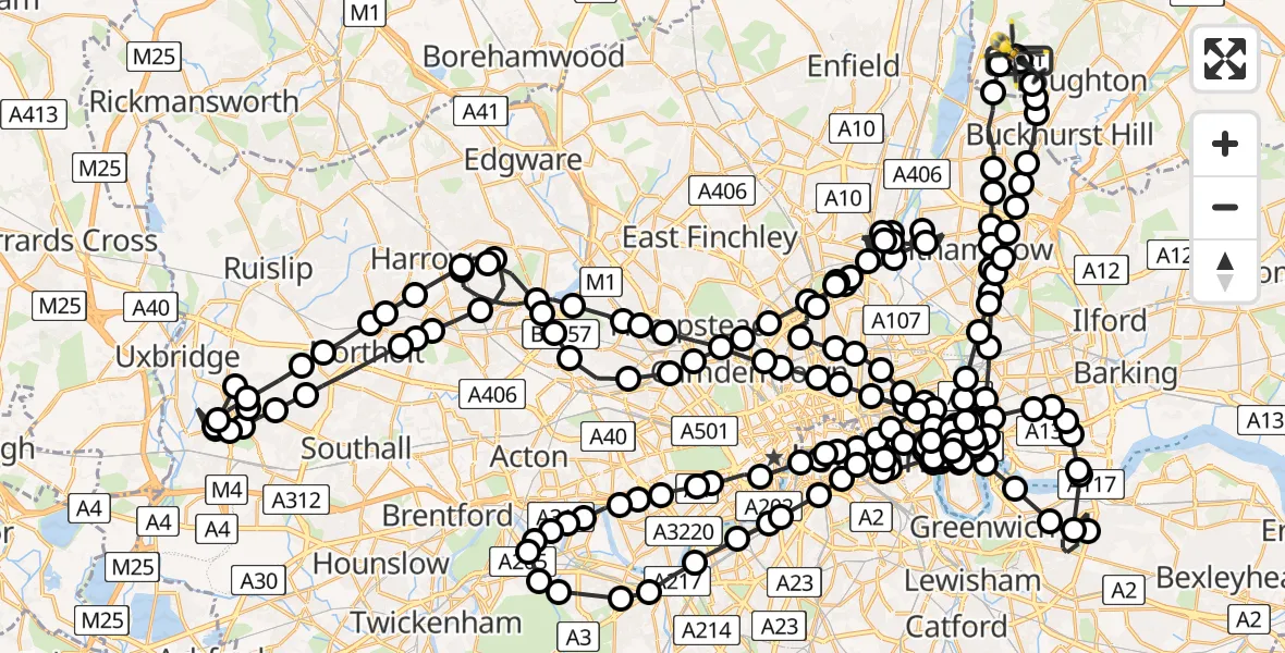 Flight path map showing Police Helicopter route from Metropolitan Police Air Support Unit Lippitts Hill to Metropolitan Police Air Support Unit Lippitts Hill