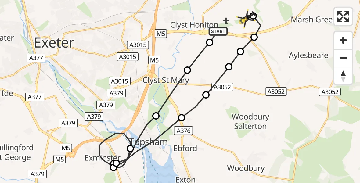 Flight path map showing Police Helicopter route from Exeter International Airport to Exeter International Airport