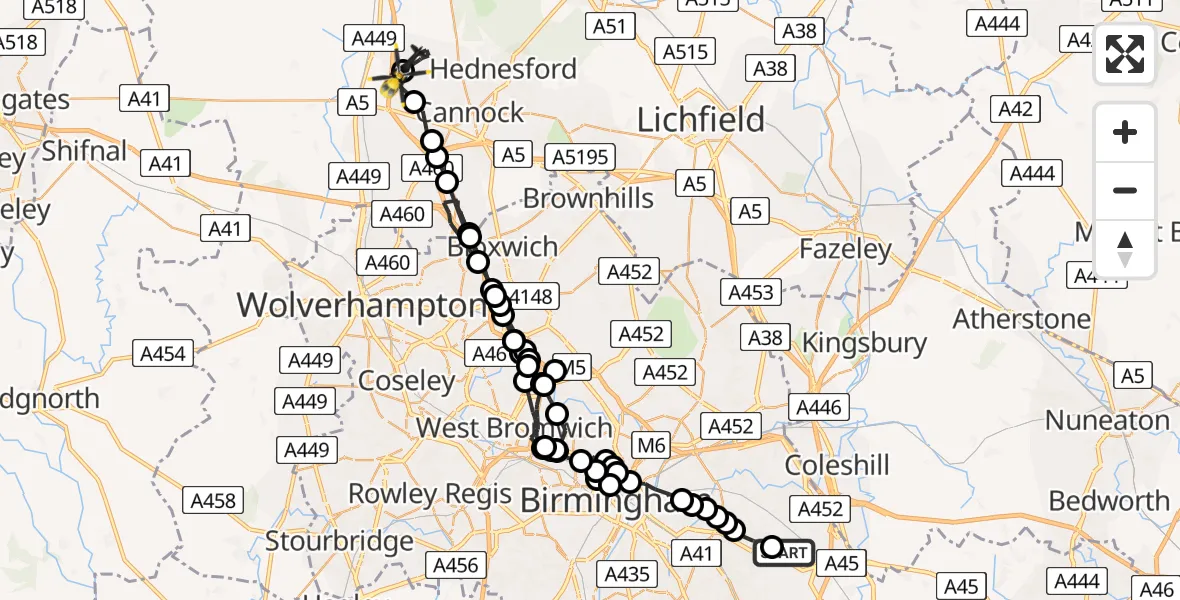 Flight path map showing Police Helicopter route from Birmingham Airport to Otherton Airfield