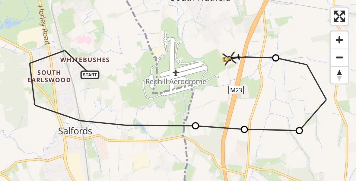 Flight path map showing Police Helicopter route from Salfords to South Nutfield