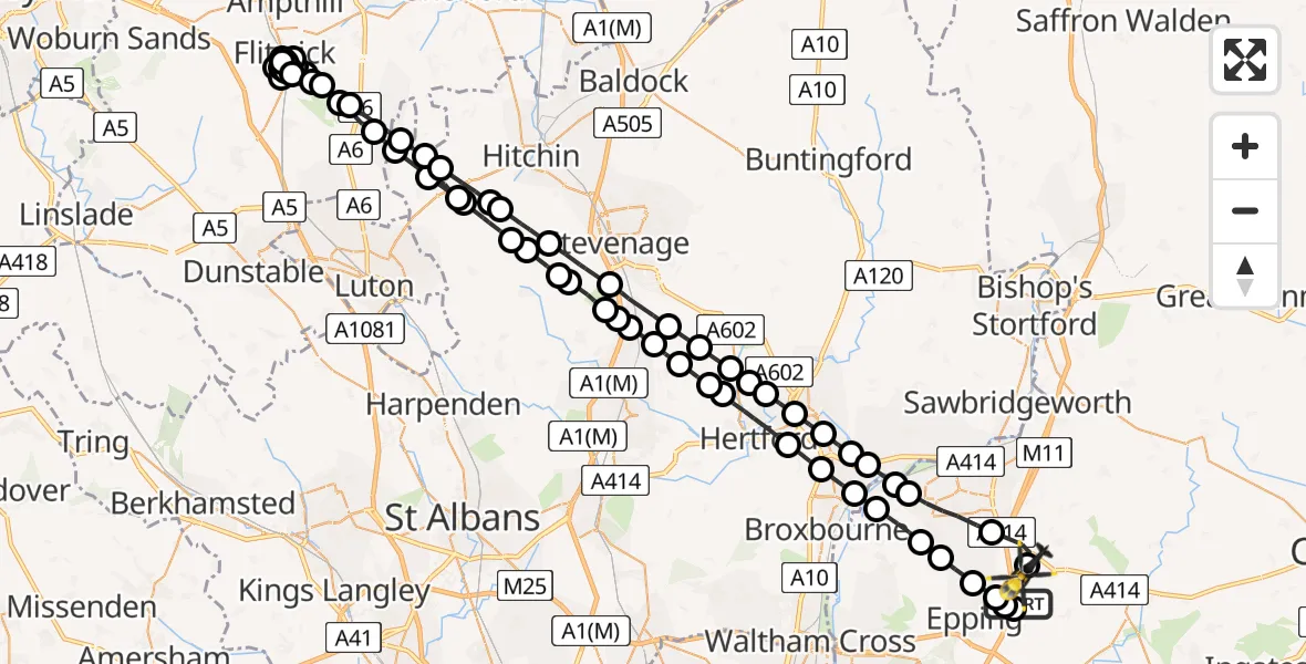 Flight path map showing Police Helicopter route from Coopersale to North Weald Airfield