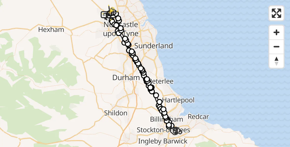 Flight path map showing Police Helicopter route from Newcastle International Airport to Newcastle International Airport