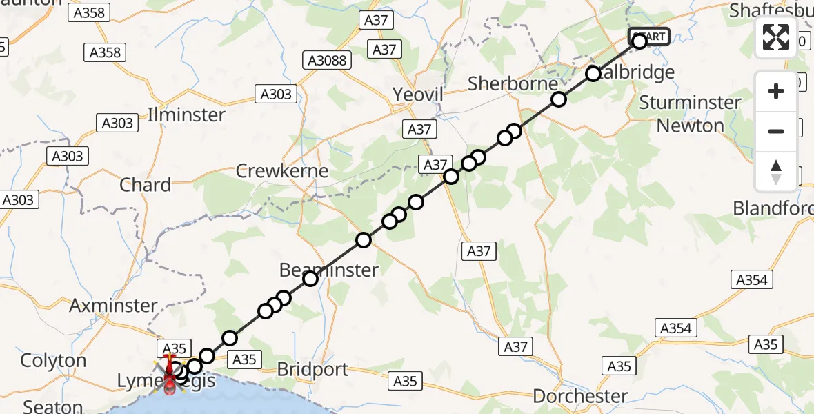 Flight route Air Ambulance Helicopter Henstridge Airfield - Lyme Regis, 04 April 2026, 00:12