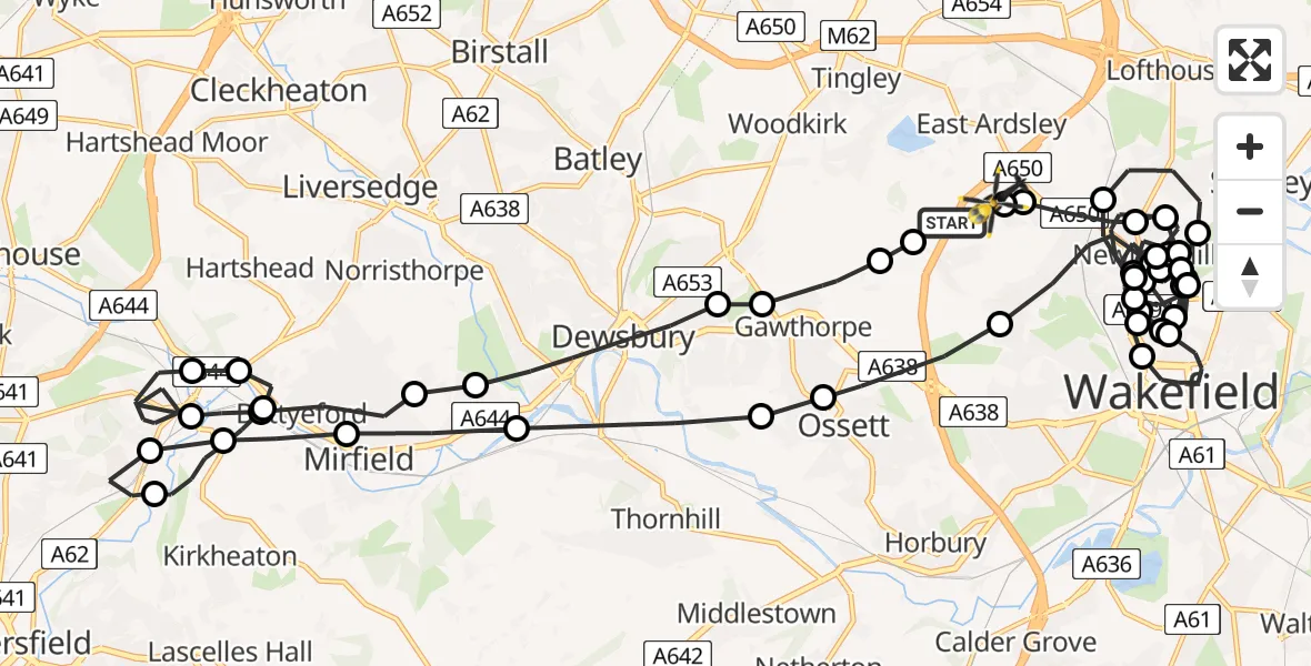 Routekaart van de vlucht: Police Helicopter to East Ardsley, Stoney Lane