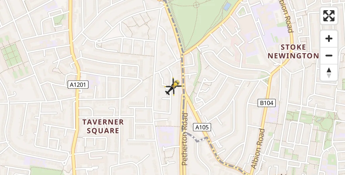 Flight path map showing Police Helicopter route from Highbury to Highbury