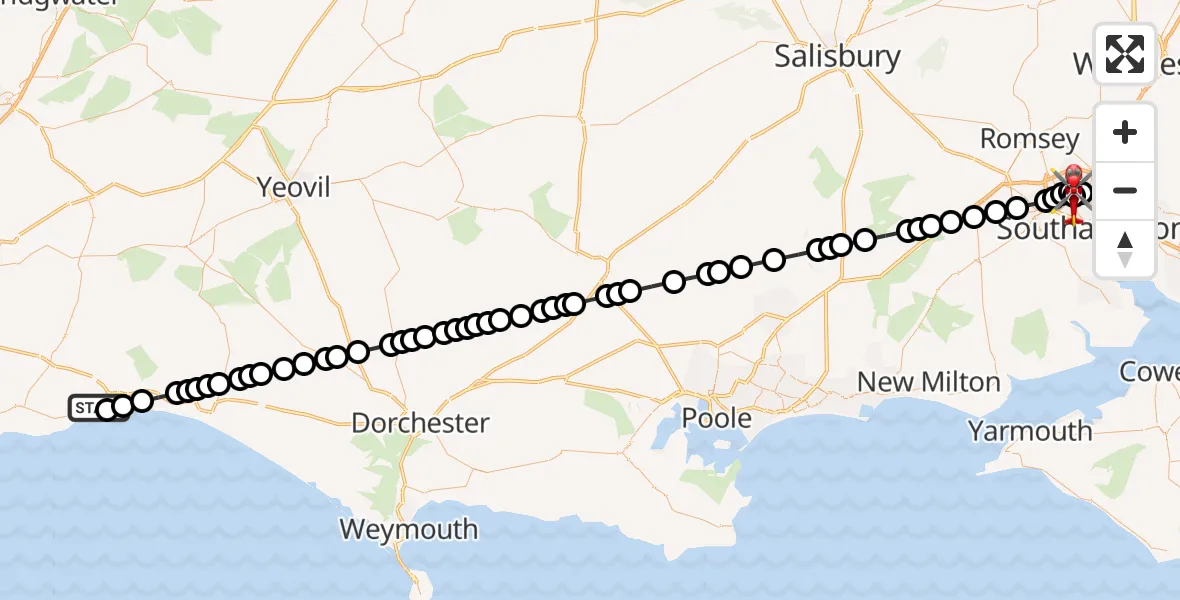 Routekaart van de vlucht: Air Ambulance Helicopter to University Hospital Southampton