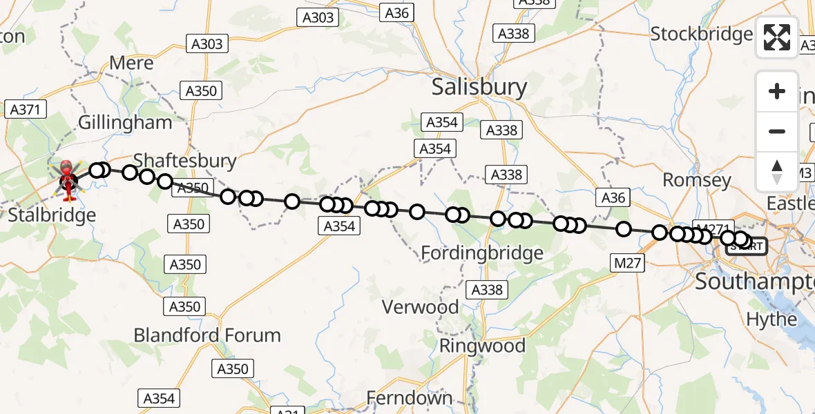 Flight route Air Ambulance Helicopter University Hospital Southampton - Henstridge Airfield, 04 April 2026, 02:49