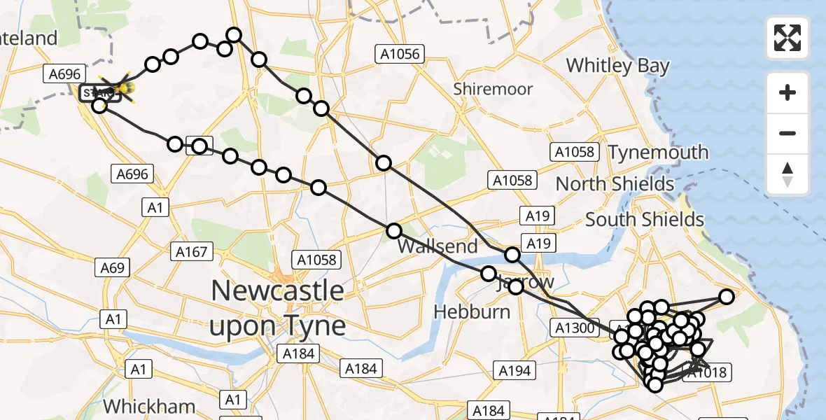 Flight path map showing Police Helicopter route from Newcastle International Airport to Newcastle International Airport