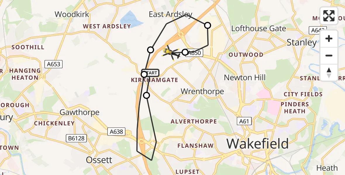 Routekaart van de vlucht: Police Helicopter to East Ardsley, Stoney Lane