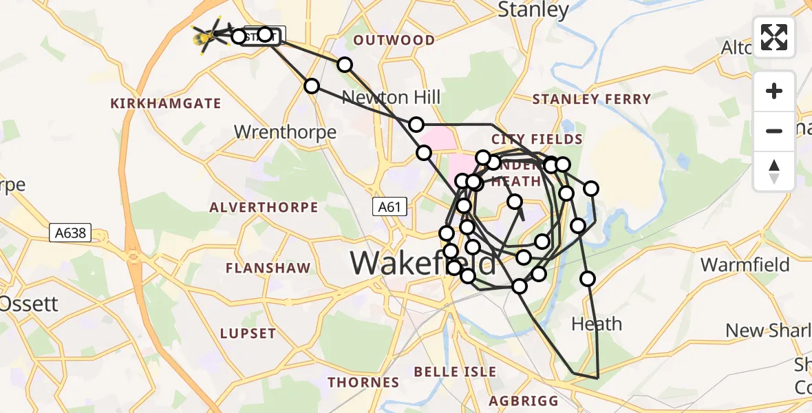 Routekaart van de vlucht: Police Helicopter to East Ardsley, Stoney Lane