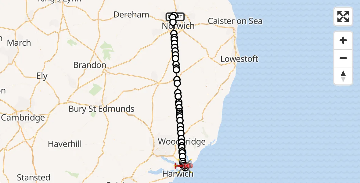Flight route Air Ambulance Helicopter Norwich Airport - Trimley St Mary, 04 April 2026, 04:00