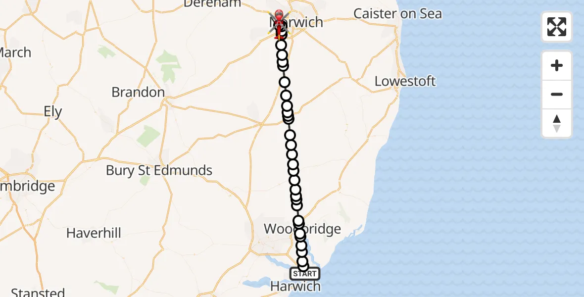Routekaart van de vlucht: Air Ambulance Helicopter to Norfolk & Norwich Hospital